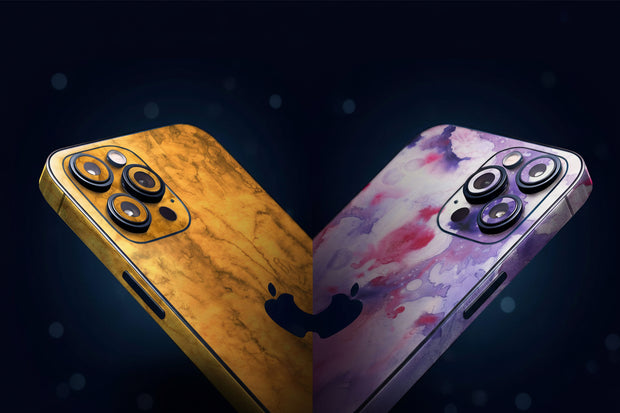 Two smartphone skins with gold and marble pattern and watercolor design on a dark background.