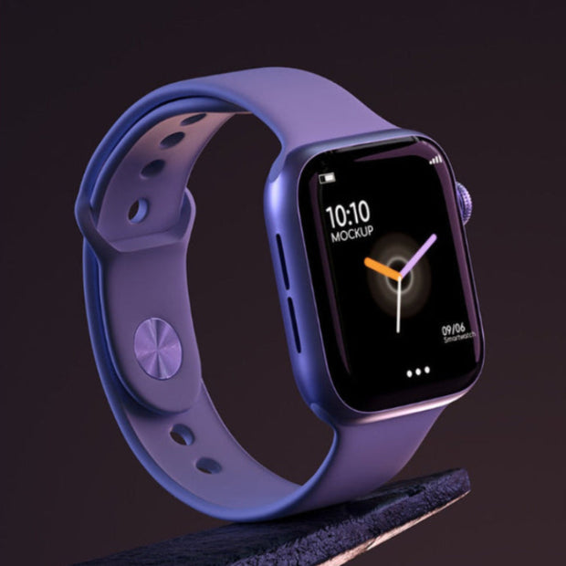 Smartwatch with a purple band on a dark background